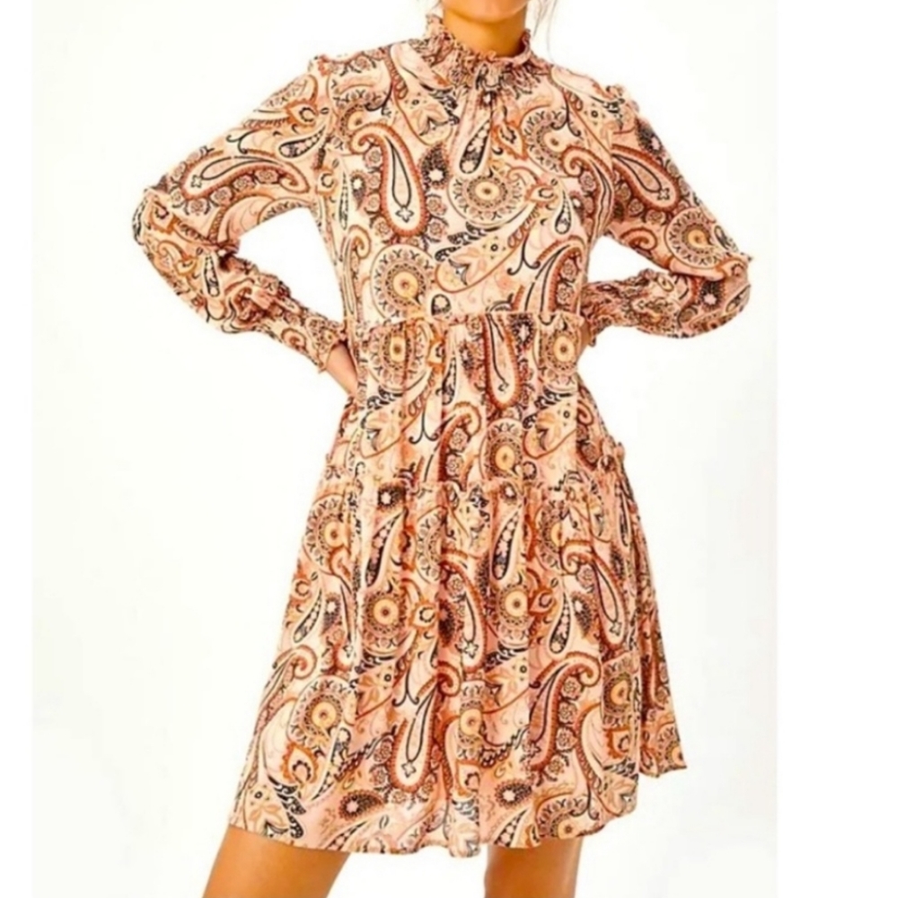 Anthropologie Cadi Bohemian Western Paisley Smocked Neck Tiered Mini Peach Small